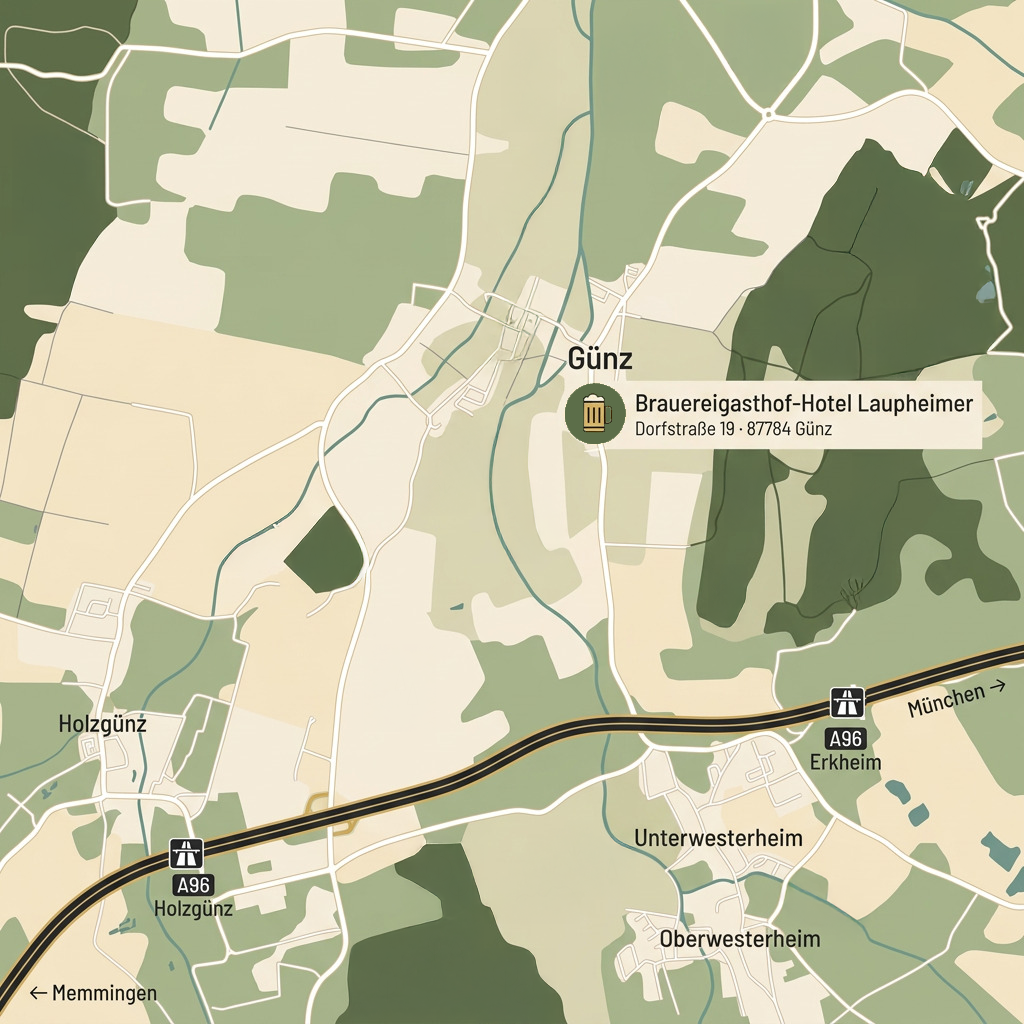 Anfahrtskarte zum Brauereigasthof Hotel Laupheimer in Günz bei Erkheim
